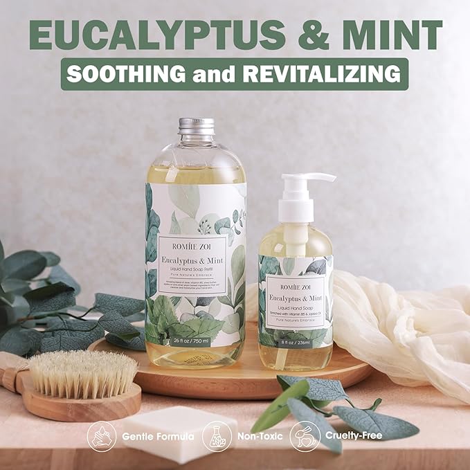 ROMIIE ZOI Liquid Hand Soap Gift Set, 750ml Refill + 236ml Liquid Soap, Cruelty-Free, Moisturizing Formula with Essential Oils, For Sensitive Skin, Eucalyptus Mint Scent, For Kitchen & Bathroom