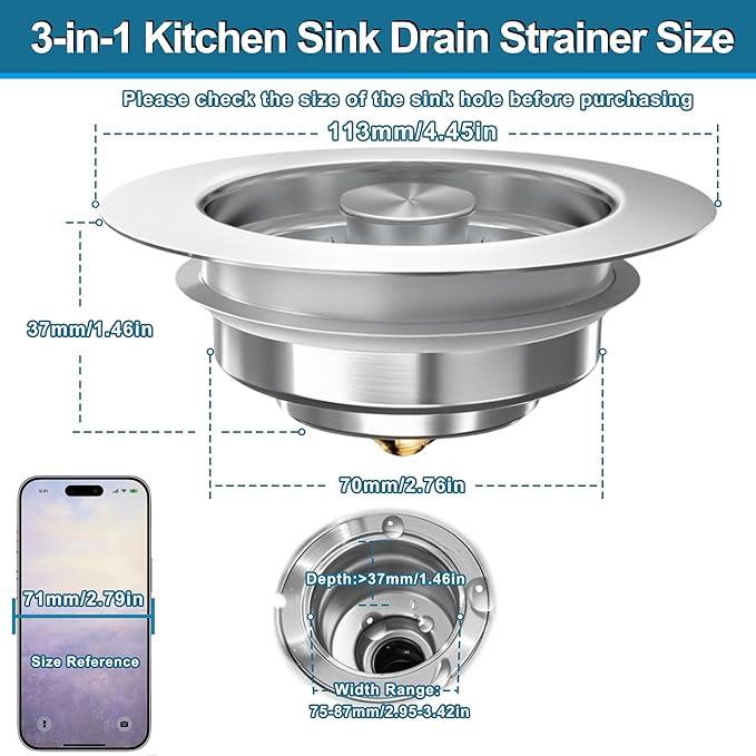 3-in-1 Kitchen Sink Drain Strainer & Stopper, Stainless Steel Food Catcher Plug with Filter Basket, Fits 3-1/2 Inch Drain Hole, Universal Sink Protector Cover, Anti-Clogging, Silver - 2Pack