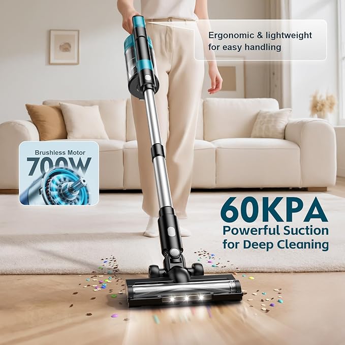 Cordless Vacuum Cleaner with 2 * 4000mAh Batteries, 700W 60Kpa Stick Vacuum, 6 in 1 Cordless Stick Vacuum Clearner, Brushless Motor with Led Display for Hard Floors Carpet Pet Hair (Blue)