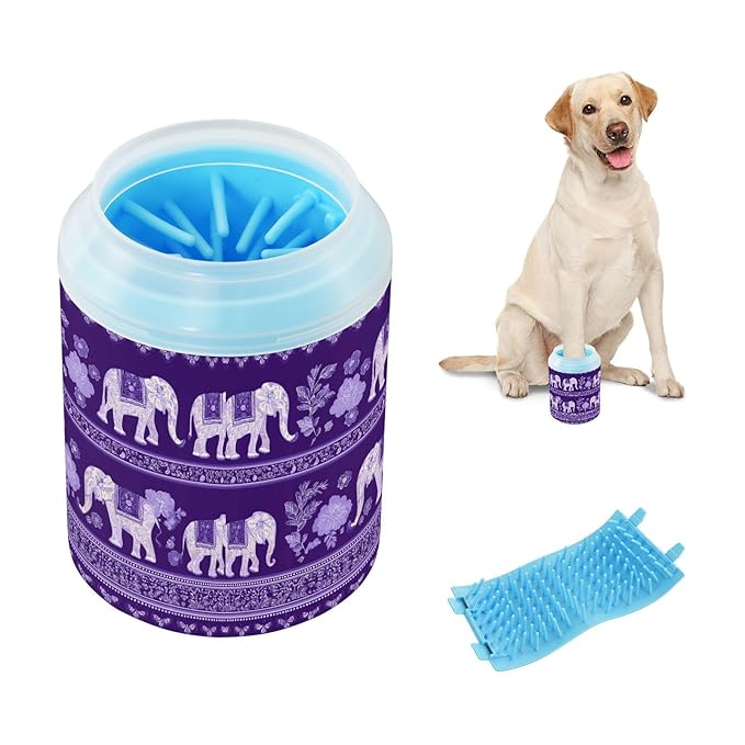 Dog Paw Cleaner Cups for Dogs Pets Foot Washer Paw Scrubber for Medium Small Cats Dogs Cute Cleaning Cup Retro Purple Floral Elephants