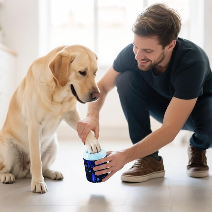 Dog Paw Cleaner Cups for Dogs Pet Foot Washer Paw Scrubber for Small Medium Large Dogs Cats Cleaning Cup Blue Bears Castles Trees Paw Prints
