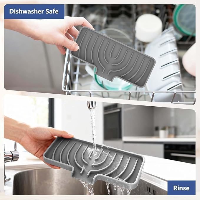 Silicone Sponge Holder for Kitchen Sink With Drain Spout, Self Draining, 10×4inch Kitchen Soap Tray, Bathroom Organizer, Sink Caddy, Perfect for Dispenser, Scrubber, Bottle, Cup on Counter (Gray)