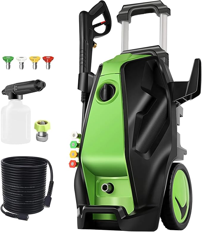 Pressure Cleaner, Heavy Duty Power Cleaner with Foam Cannon, 4 Nozzle Tips,33FT Hose and Soap Bottle for Home/Cars/Driveways/Patios/Decks/Fences(Green)