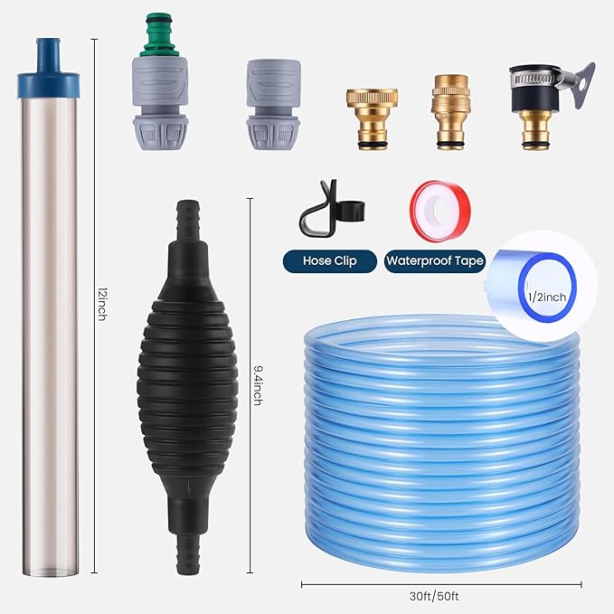 Fish Tank Vacuum Gravel Cleaner Gravel Vacuum for Aquarium，Siphon Aquarium Water Changer for Fish Tank with Four Faucet Adapter and Long Hose(30 Feet)