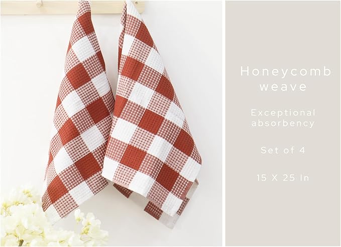 PurpleEssences Rust 100% Cotton Waffle Weave Check Plaid Kitchen Towels, Super Soft and Absorbent Dish Towels for Drying Dishes 15 x 25-4 Pack - Christmas Holiday Winter - Rust and White