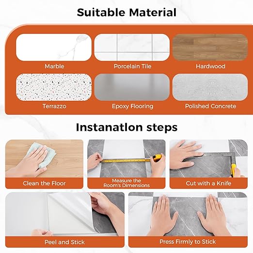 Peel and Stick Floor Tile Vinyl Flooring Roll Self Adhesive 15.75"x 393"/43 Sq.Ft Linoleum Laminate Flooring Roll Grey&White Marble Color Waterproof Floor Sticker for Home Room Improvement