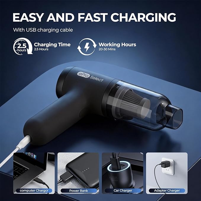 EV1395 Cordless Handheld Vacuum Cleaner - 75W 12000Pa Strong Suction, 14-24min Runtime, 0.14L Dust Bin, Multi-Accessories for Stairs, Floors & Narrow Spaces