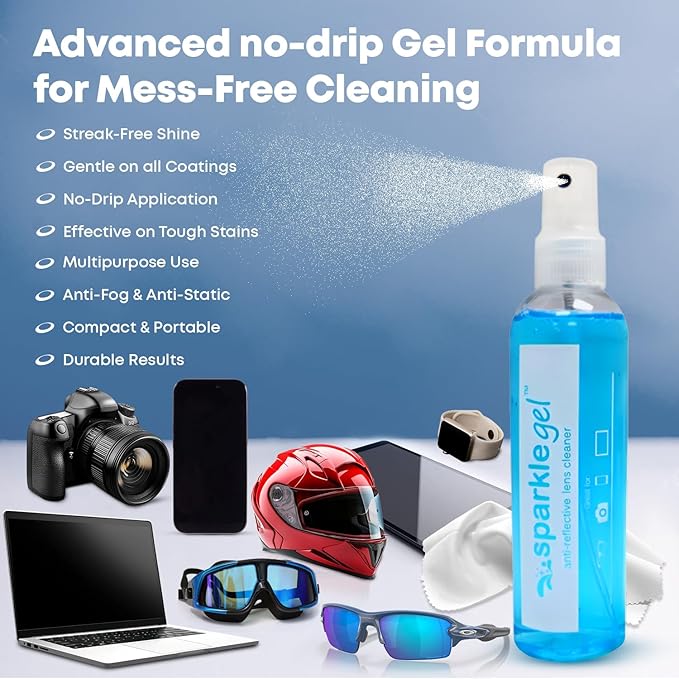 Sparkle Anti-Reflective Gel Lens Cleaner Spray kit | (2) 1oz Glasses Cleaner Gel Spray + (2) Microfiber Cloth for Eyeglasses, Sunglasses, Lenses,Screens and Camera Cleaning Kit (4 Piece Set)