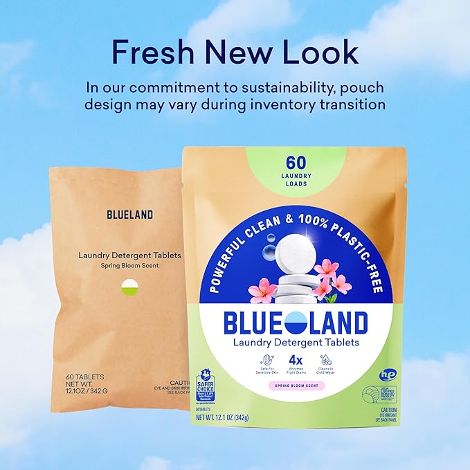 BLUELAND Laundry Detergent Tablets, 60 Count, Spring Bloom Scent, Plastic-Free Eco-Friendly Pods, Sheets, Liquid Alternative - Safe for Sensitive Skin, Gentle