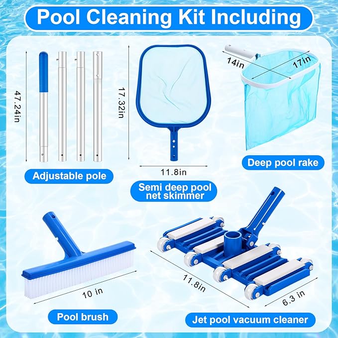 Tioncy 5 Pcs Pool Vacuum Cleaning Kit Includes Right Corner Pool Vacuum, 2 Skimmer Nets with 47" Adjustable Pole and 1 Brush for Above Ground Ponds Hot Tub Spa Wall Floor Cleaning Maintenance