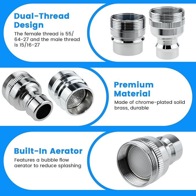 SDTC Tech Dishwasher Faucet Adapter, 2 Pack Portable Dishwasher Snap Adapter Connection Accessories 15/16-27 Male or 55/64-27 Famale, for Kitchen/Bathroom Faucet, Chrome