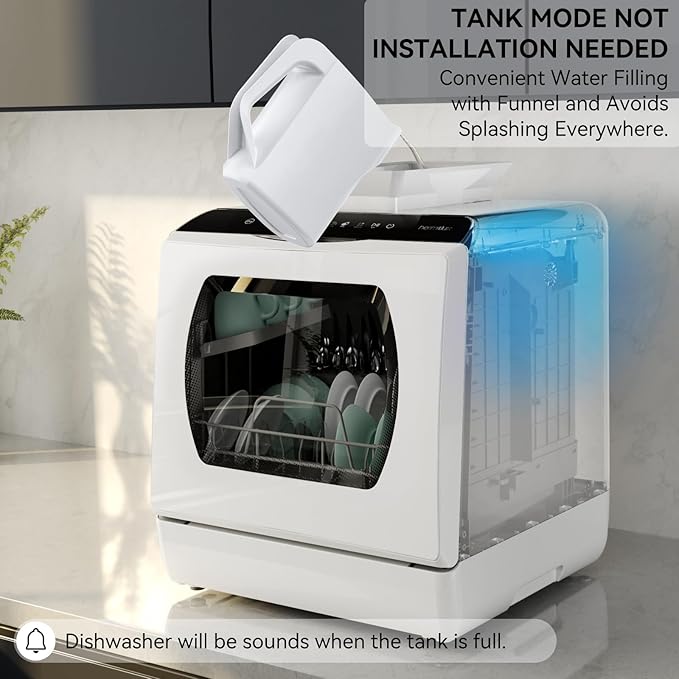 Hermitlux Portable Countertop Dishwashes, 5 Washing Programs Mini Dishwasher with 5-Liter Built-in Water Tank for Apartments & RVs, Tabletop Dishwasher with LED Light & Glass Door, No Hookup Needed