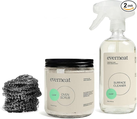 Everneat Oven Cleaning Kit: Natural Oven Cleaner and Kitchen Cleaner | Heavy Duty | Grill, Stovetop, Rack | Fume-free | Non-toxic | Safe to Clean All Ovens (Unscented) | Refillable Glass Jar & Bottle