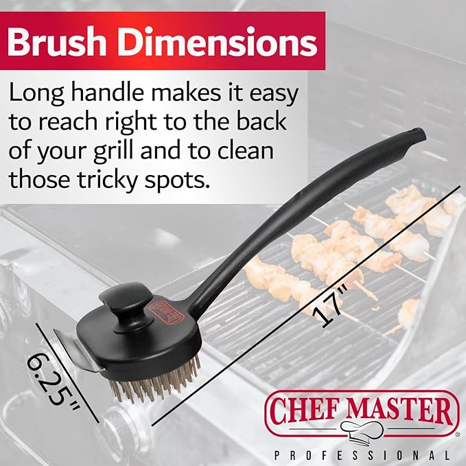 Chef-Master 90051 Char-Broiler BBQ Grill Brush | Extra Long 17-Inch Handle | Durable Wire Bristles | Extra Grip Dual Handles | BBQ Brush for Grill Cleaning