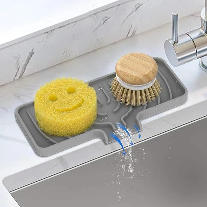 Silicone Sponge Holder for Kitchen Sink With Drain Spout, Self Draining, 10×4inch Kitchen Soap Tray, Bathroom Organizer, Sink Caddy, Perfect for Dispenser, Scrubber, Bottle, Cup on Counter (Gray)
