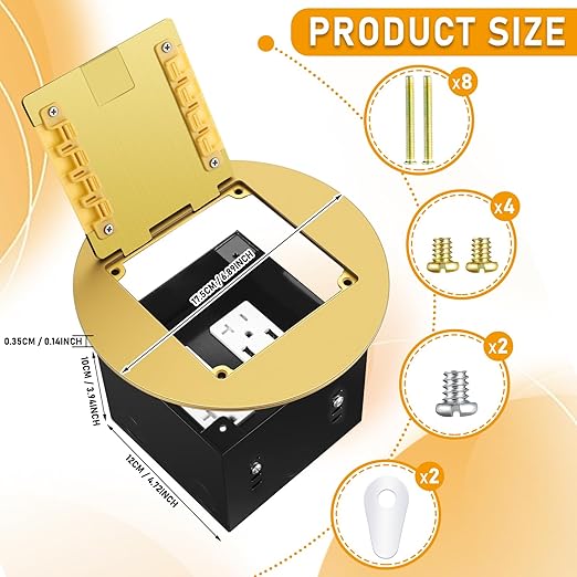 2 Pcs Recessed Floor Outlet 4. 72" x 4. 72" x 3. 94" 2-Gang with 4. 8a USB Chargers 20 Amp Floor Receptacles Round Hidden Outlet Kit Electrical Waterproof Box, Etl Listed (Gold)