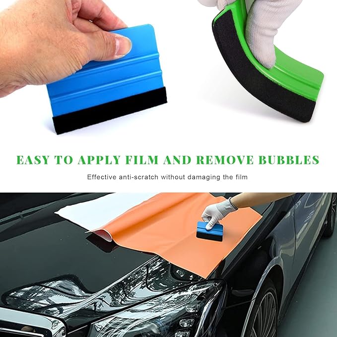 4 PCS Window Tint Kit Tools, Professional Vinyl Wrap Kit with Plastic Squeegee & Felt Squeegee, Universal Privacy Film Installation Tint Tools for Vehicle Glass Home (Blue+Green)