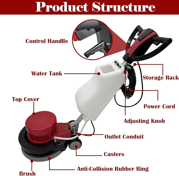 TECHTONGDA 17" Commercial Floor Scrubber Buffer Heavy Duty Floor Grinder Polisher Machine Carpet Cleaning Machine with 3.17Gal Tank & 3 Brushes, Clean/Grind/Polish/Wax 110V