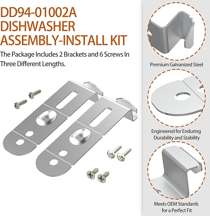 DD94-01002A Dishwasher Assembly Install Kit, Fits for Samsung Dishwashers Mounting Bracket, Replaces AP4450818 2077601 PS4222710 EAP4222710 for Granite or Countertops, 2 Brackets & 6 Screws
