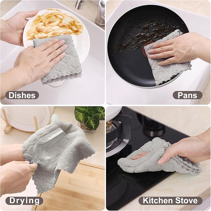 Homaxy 12 Pack Kitchen Dish Cloths (10 x 10 Inches, Grey), Super Soft and Absorbent Coral Velvet Dish Towels, Nonstick Oil Fast Drying Microfiber Cleaning Cloth, No Lint Household Dishcloths