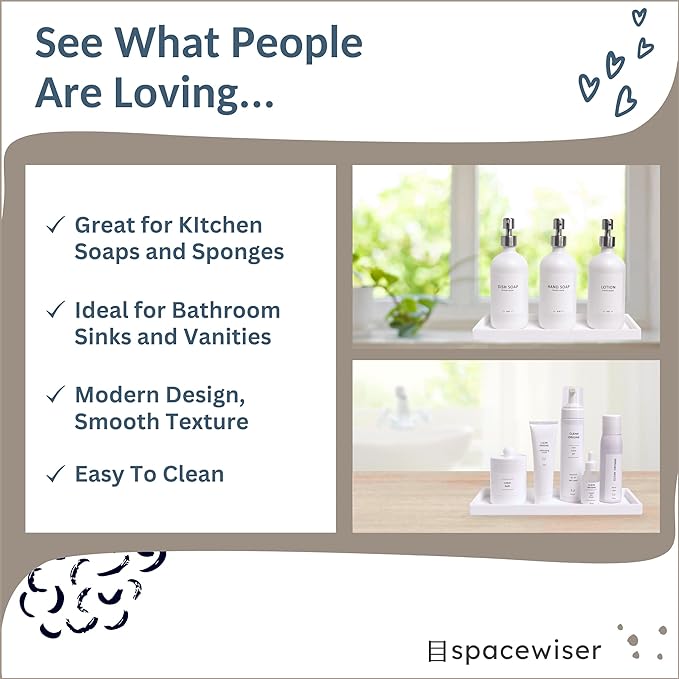 Countertop and Vanity Tray - 11.7" Silicone Bathroom Tray Countertop, Dish Soap Trays for Kitchen Counter, Bathroom Counter Organizer Accessories Caddy, Shower Trays Makeup Mat Oil, White