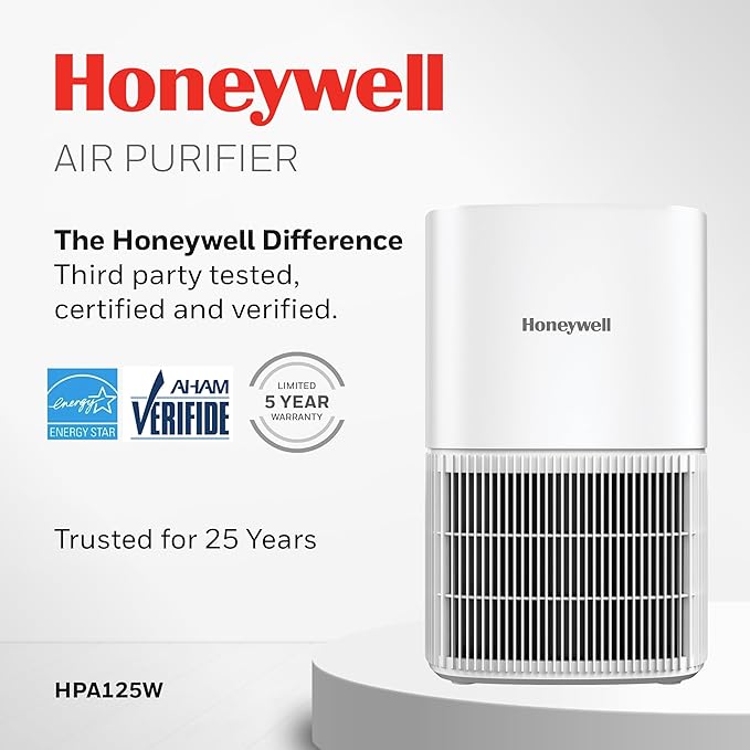 Honeywell AllergenPlus HEPA Air Purifier for Home, 530 Ft² Rooms in 1 hour, 3-in-1 Filter, Compact Design, Auto Mode, Reduces Allergens, Dust, Pollen, Smoke, Pet Dander, Odors, White, HPA125W