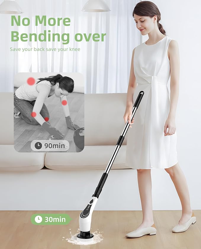 Electric Spin Scrubber, Cordless Shower Scrubber with 8 Brush Heads with Adjustable, 2H Power Dual Speed, Power Brushes with IPX7 Waterproof for Floor, Sink, Bathroom, Tile, White-qwrx3