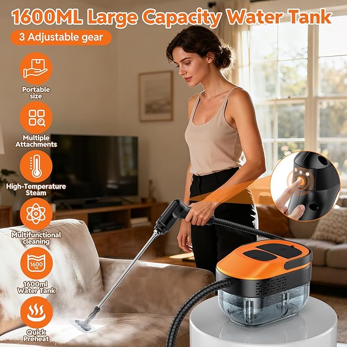Steam Cleaner for Home & Car-2500W Portable Handheld Steamer for Cleaning with 3-Level Handle, 15s Heat-Up, Large Tank, 16 Accessories - Clean Grease, Grout, Tile, Floor, Couch, Dirt, Furniture