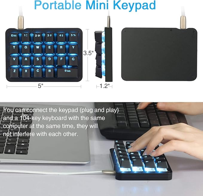 Koolertron 23-Key One-Handed Mechanical Keypad, Blue LED Backlit Portable Mini One-Handed Mechanical Gaming Keypad 23 Fully Programmable Keys