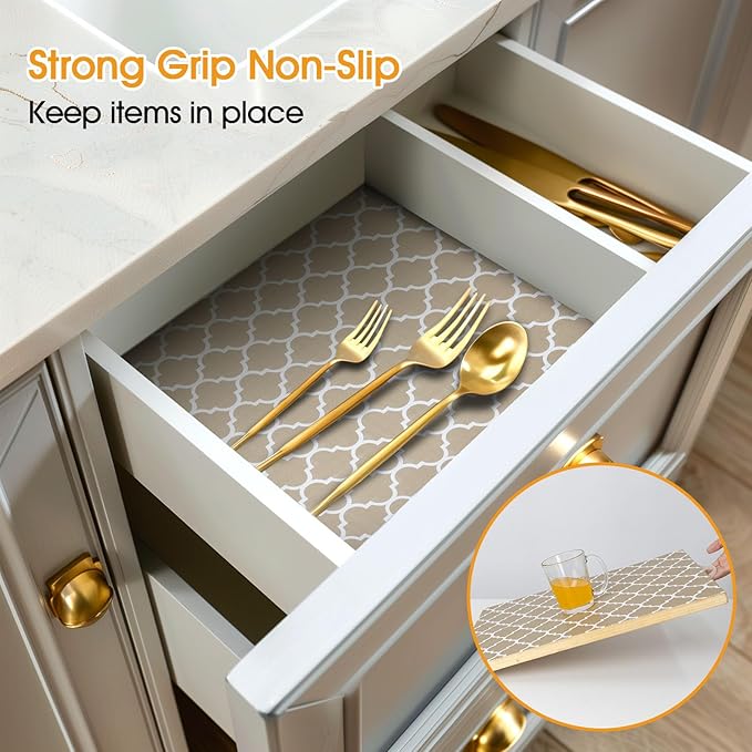Shelf and Drawer Liner for Kitchen Cabinets Non-Adhesive, Strong Grip Non-Slip Thickened Cabinet Liners for Shelves, Waterproof Mats for Dresser Cupboard, Beige, 23 in x 30 Feet