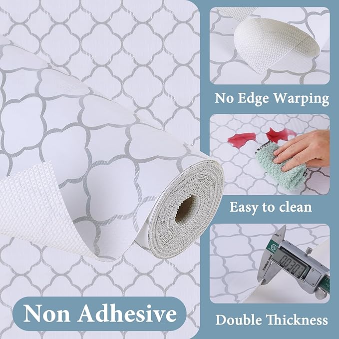 Shelf Drawer Liners for Kitchen Cabinets Non Adhesive Drawer Liner Thickened Refrigerator Liner Silver Quatrefoil Strong Non-Slip Paper for Tool Box with Knife and Tape Measure,11.8 x 236.2 Inches