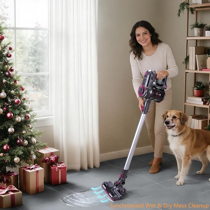 Novaspark Pink Cordless Stick Vacuum Cleaner - 18.5kPa Suction, 50-Min Runtime, Tangle-Free Pet Hair Cleaning, Lightweigh Design with LED Light, HEPA Filter and 4-in-1 Brush Set, HSC-01