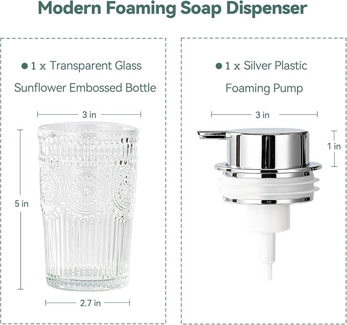 Glass Foaming Soap Dispenser - Foam Hand Soap Dispenser Bathroom, 10 OZ Clear Refillable Liquid Dispenser for Kitchen Dish Dispenser Foam Pump Silver