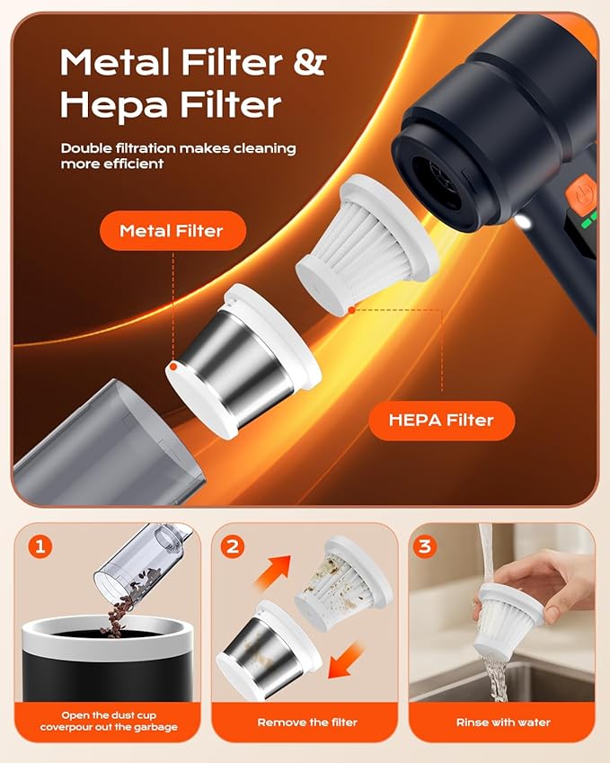 Car Vacuum Portable Cordless, 4-in-1 Handheld Vacuum Cordless with 30000PA Suction, 130000RPM, 6800mAh Battery, 10 Nozzles, Rubber Paint Material for Car, Home, Birthday Gifts (Black)