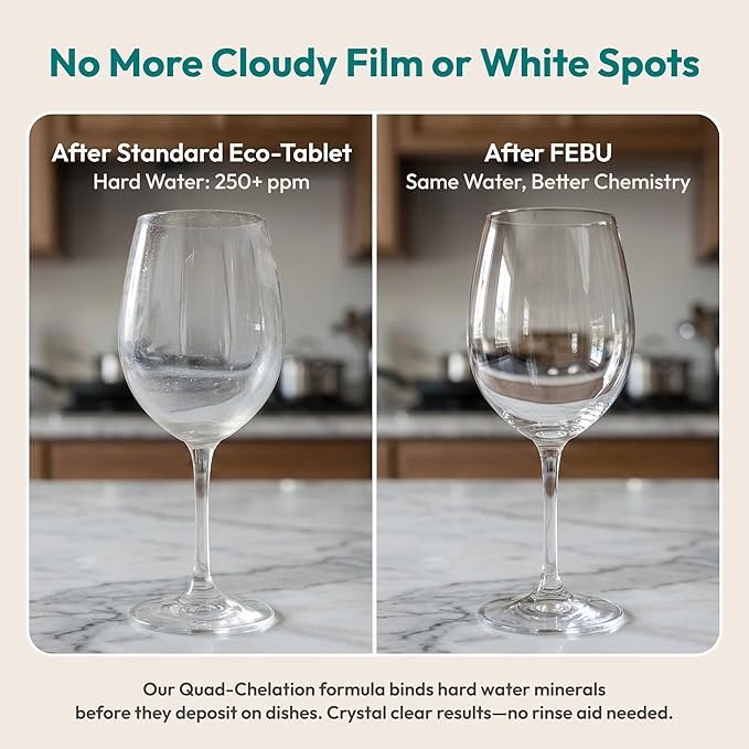 FEBU Plastic-Free Dishwasher Detergent Tablets for Deep Cleaning | Non-Toxic Dishwasher Pods, 60 Loads, 9g, Spot & Film-Free Even in Hard Water | Dissolves Fully, Enzyme + Oxygen Power | Unscented