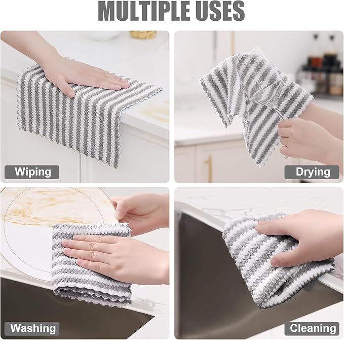 Homaxy 18 Pack Kitchen Dish Cloths, Ultra Soft and Absorbent Dish Towels, Reusable Fast Drying Microfiber Cleaning Cloth, Coral Velvet Wave Design No-lint,10 x 10 inches, Grey