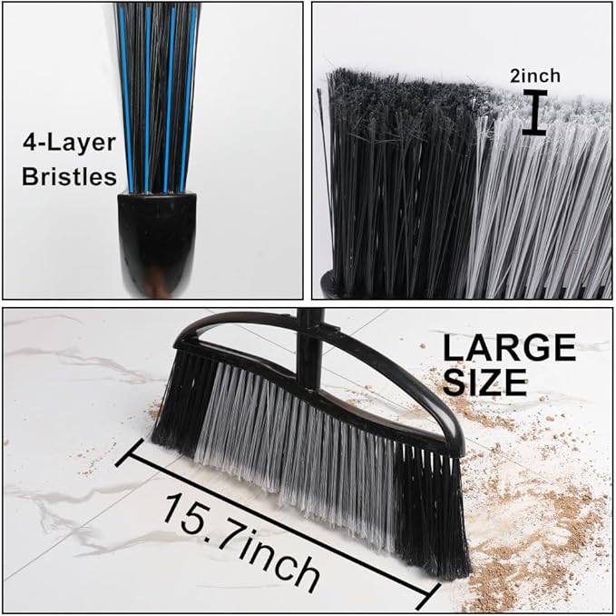 Heavy Duty Outdooor Broom - 15.7" Wide Broom with Long Adjustable Handle & Stiff Bristles for Patio, Garage, Yard, Garden (Black)