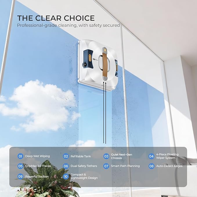 Apical Life Window Cleaning Robot | Low Noise 55dB Smart Glass Cleaner with 3Kpa Suction, Integrated Water Tank, Full Wet Wiping and Anti-Fall Protection for High-Rise Indoor/Outdoor Windows