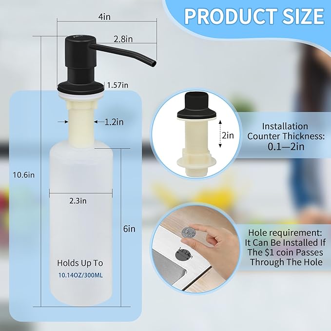 Soap Dispenser for Kitchen Sink Black Built in Soap Dispenser Pump Dish Liquid Countertop with Bottle