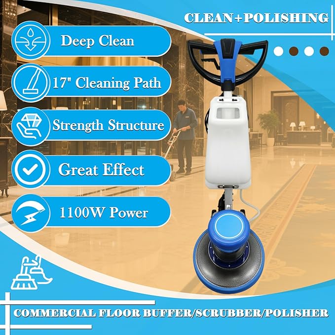 Commercial Industrial Floor Scrubber Polisher 17" Heavy-Duty Buffer Machine for Hardwood, Marble, Epoxy & Carpet 1100W Low-Noise Floor Cleaning & Waxing Machine 110V