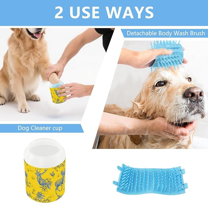 Dog Paw Cleaner Cups for Dogs Pet Foot Washer Paw Scrubber for Medium Small Large Dogs Cats Cleaning Cup Yellow Deer Flowers Round Fruits