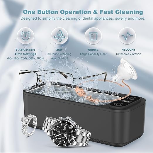 AI Ultrasonic Jewelry Cleaner Retainer Rings Dentures 23OZ (680ML) 360° Deep Cleaning 45KHz Professional Ultrasonic Glasses Cleaner with 5 Digital Timer and Watches Stand 304 Stainless Steel Tank