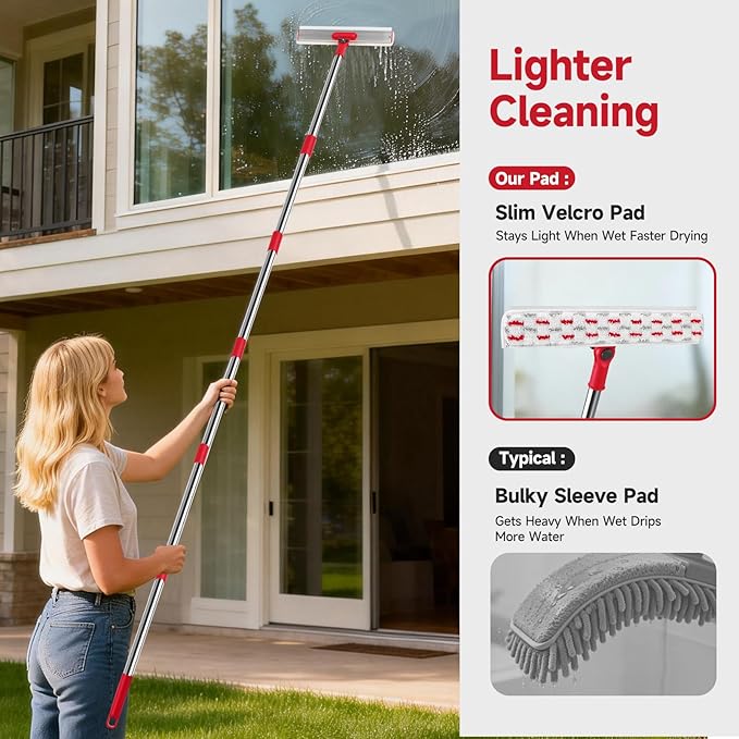 2-in-1 Professional Window Squeegee, 86.6'' Window Cleaner Tool with 6-Section Extension Pole, Window Cleaning Kit with 4 Microfiber Cloth, Window Washing Equipment for in/Outdoor Windows