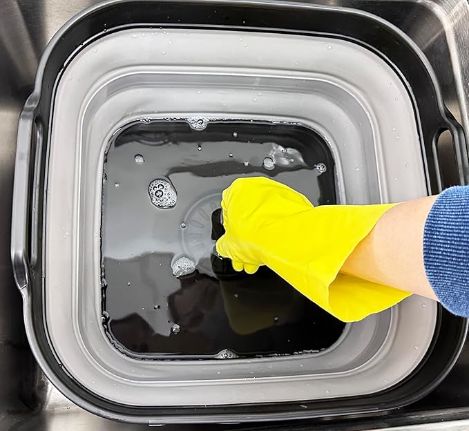 SAMMART 10L (2.64 Gallon) Collapsible Dishpan with Draining Plug - Foldable Washing Basin - Portable Dish Washing Tub - Space Saving Kitchen Storage Tray (Black/Alloy Grey)