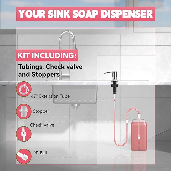 Sink Soap Dispenser, OHiHi Kitchen Sink Soap Dispenser with 47" Extension Tube, Wide Pump Head Base, No Water Leaking, No Need to Fill The Little Bottle Again, Chrome