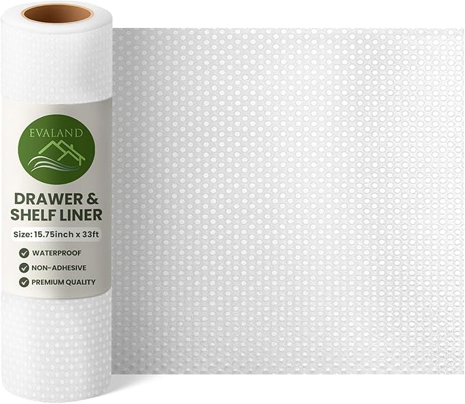 EVALAND Shelf Liners for Kitchen Cabinets Non-Adhesive 15.75" x 33FT Clear Drawer Liner Non Slip, Washable Cabinet Liner, Waterproof Shelf Liners for Cabinets, Refrigerator Bathroom Pantry Cabinet Mat