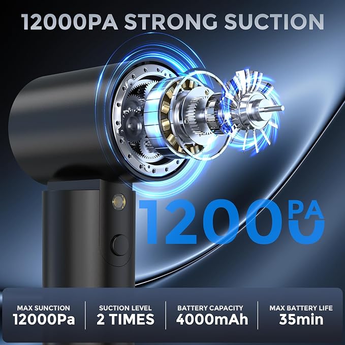 Car Vacuum Cordless: 12000Pa 2 in 1 Handheld Vacuum & Blower - Hand Vacuum Portable Cordless with Led Light, Multi-Nozzles for Car, Home, Office, Pet, Hair