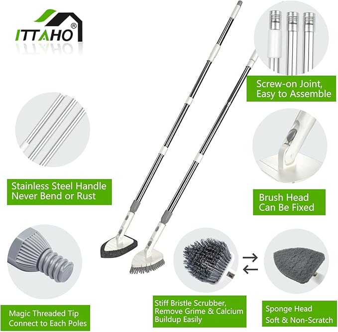 ITTAHO Tile Tub Scrubber Brush with 4 Cleaning Heads,59" Long Handle Stiff Bristles Scrub Brush with Extendable Pole, Rotatable Detachable Scrub Brush for Shower,Tile, Tub,Bathroom,Walls,Sink