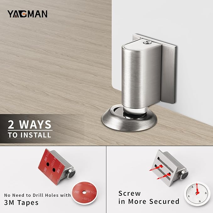 3 Pack Magnetic Door Stopper, Magnet Floor Door Stop Retractable, Door Magnetic Catch, Door Holder to Keep Door Open, No Drilling Mount with Adhesive, Brushed Nickel BN-3
