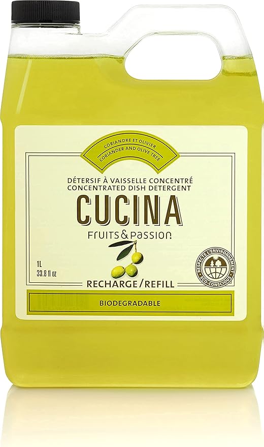 CUCINA Dish Detergent Refill, Coriander & Olive Tree – 33.8 fl oz (1 L) – Concentrated Liquid Dish Soap, Biodegradable Formula, Grease-Cutting Power